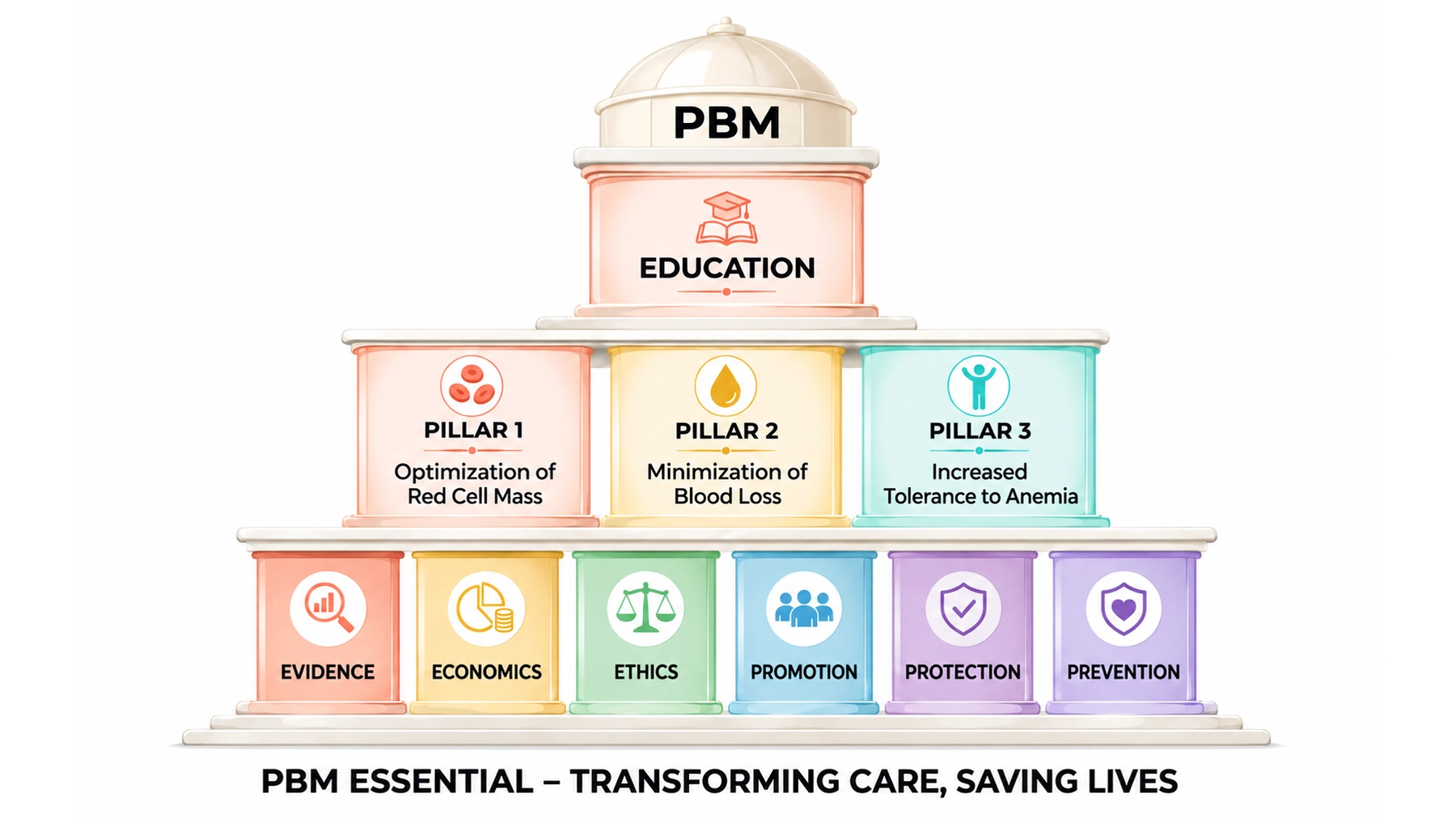 Conceptual structure of Patient Blood Management with PBM at the top, Education, the Three Pillars, and the foundations of Evidence, Economics, Ethics, Promotion, Protection, and Prevention