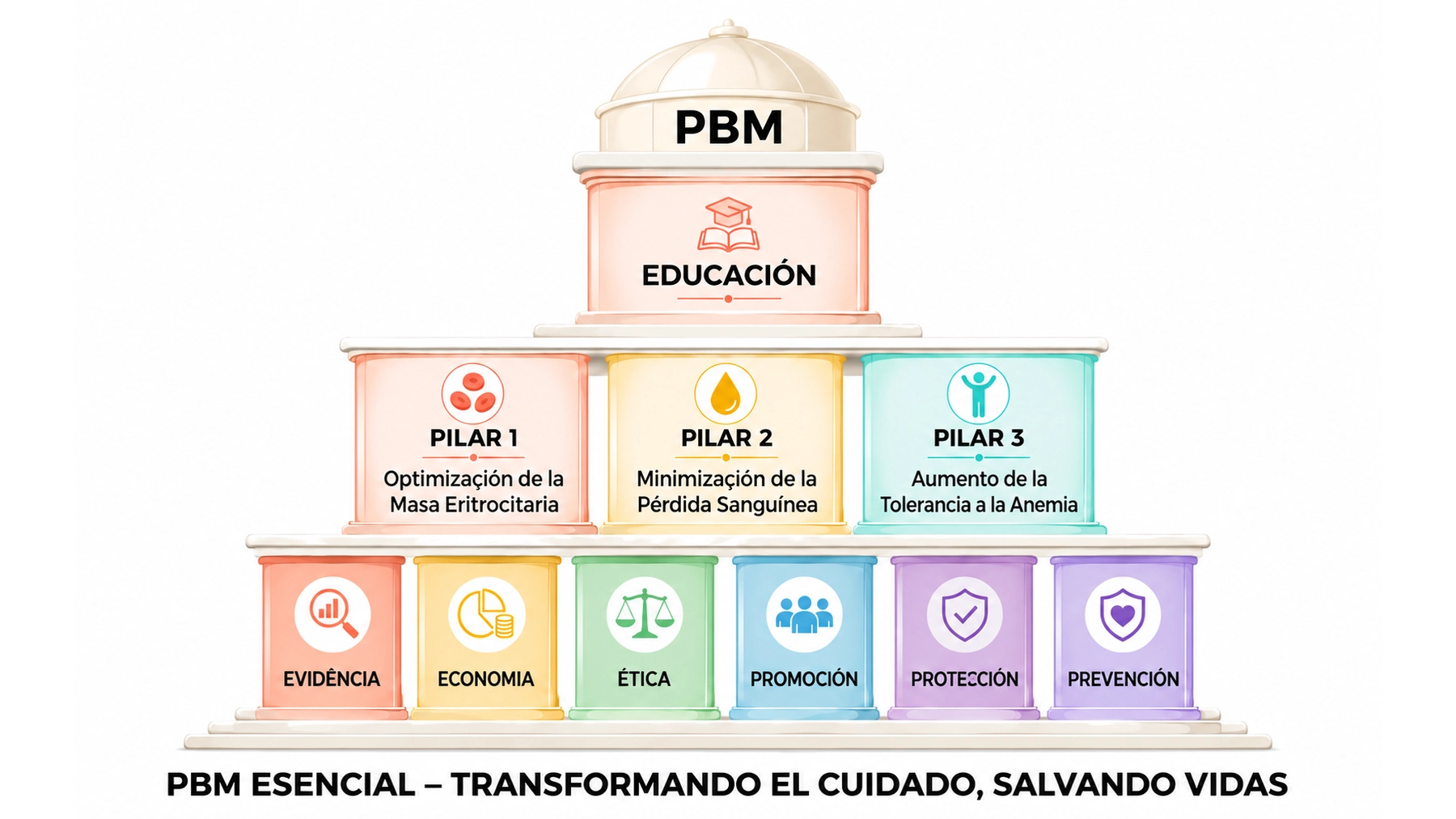 Estructura conceptual de Patient Blood Management con PBM en la parte superior, Educación, los Tres Pilares y los fundamentos de Evidencia, Economía, Ética, Promoción, Protección y Prevención