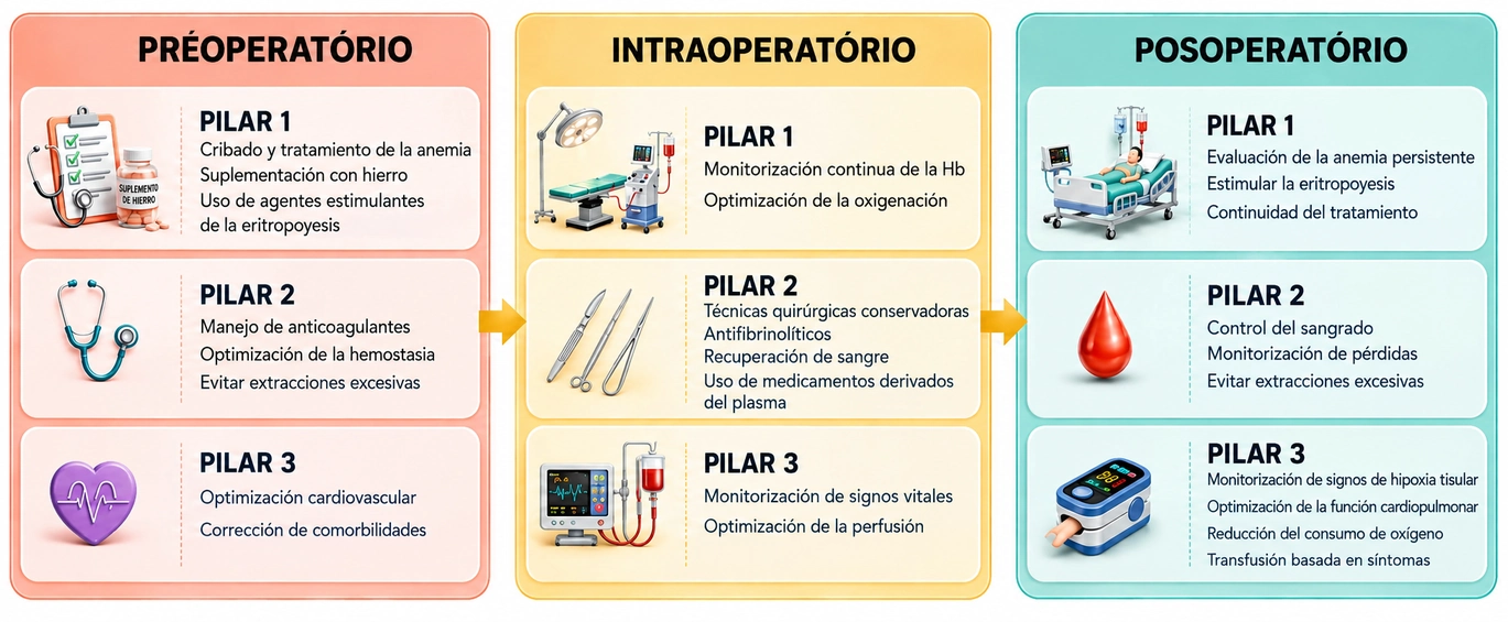 Los Tres Pilares a lo largo del recorrido quirúrgico